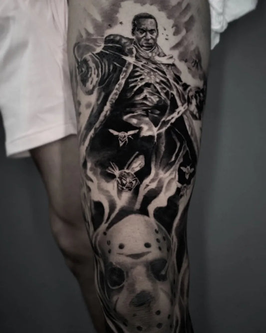 Big Black and Grey Jason and Ghostface Horror Tattoo on Men Arm by @romyrodz