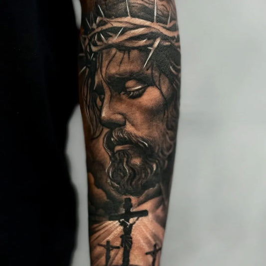 Big Black and Grey Jesus Cross Crown of Thorns Tattoo on Men Arm by @deko_829