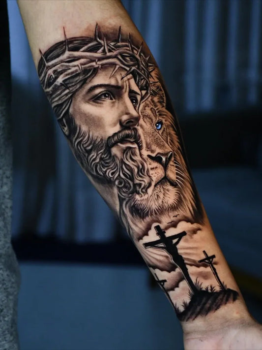 Big Black and Grey Jesus Lion Cross Tattoo on Men Arm by @thatygoistattoo