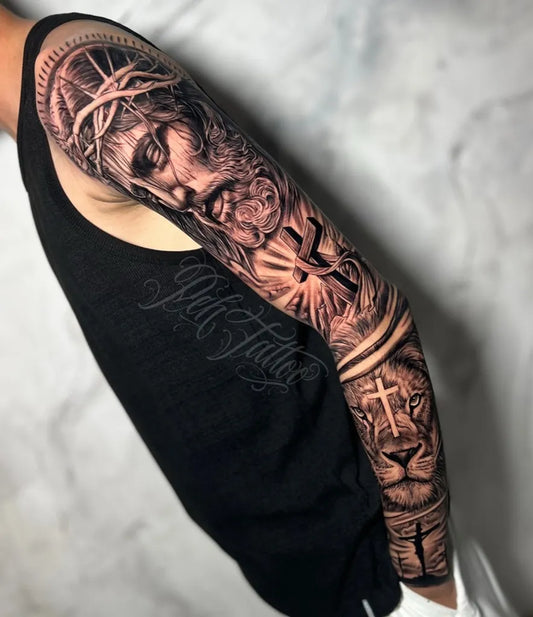 Big Black and Grey Jesus Three Cross Lion Tattoo on Men Arm by @pehtattoo_oficial