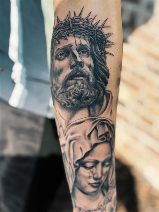 Big Black and Grey Jesus and Virgin Mary Tattoo on Men Arm by @artkoretattoo