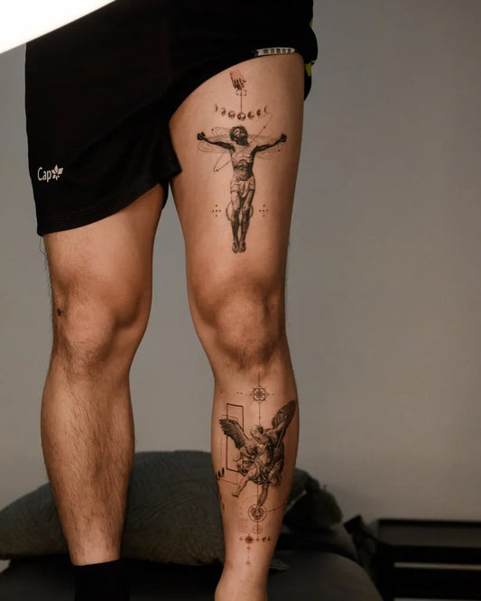 Big Black and Grey Jesus with Angel Tattoo on Men Thigh by @ootta