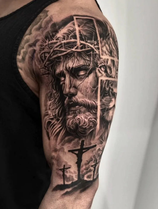 Big Black and Grey Jesus with Cross Tattoo on Men Shoulder by @silentkw