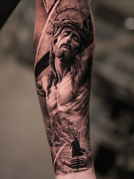 Big Black and Grey Jesus with Cross and Storm Tattoo on Men Arm by @tattooist_reset