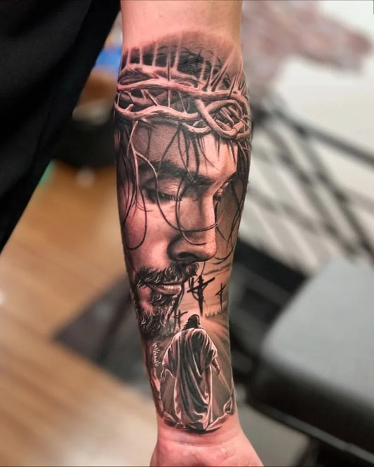 Big Black and Grey Jesus with Crown of Thorns Tattoo on Men Arm by @jobling_tattoo