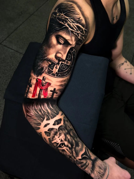 Big Black and Grey Jesus with Crown of Thorns and 3 Cross Tattoo on Men Arm by @igordmtattoo
