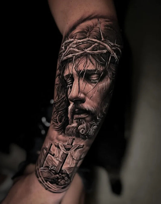 Big Black and Grey Jesus with Crown of Thorns and 3 Cross Tattoo on Men Arm by @kauecamargo.tattoo