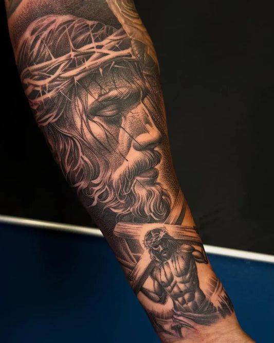 Big Black and Grey Jesus with Crown of Thorns and Cross Tattoo on Men Arm by @jgarcestattoo