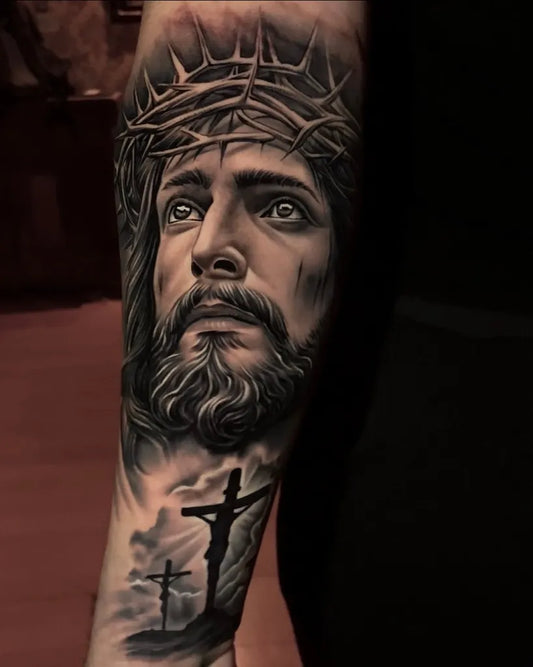 Big Black and Grey Jesus with Crown of Thorns and Cross Tattoo on Men Arm by @original_sptattoo