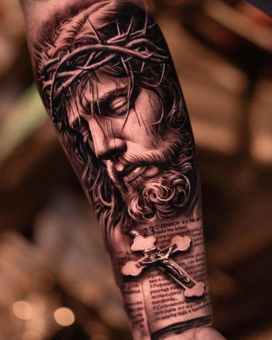 Big Black and Grey Jesus with Crown of Thorns and Cross Tattoo on Men Arm by @tiagokosstattoo