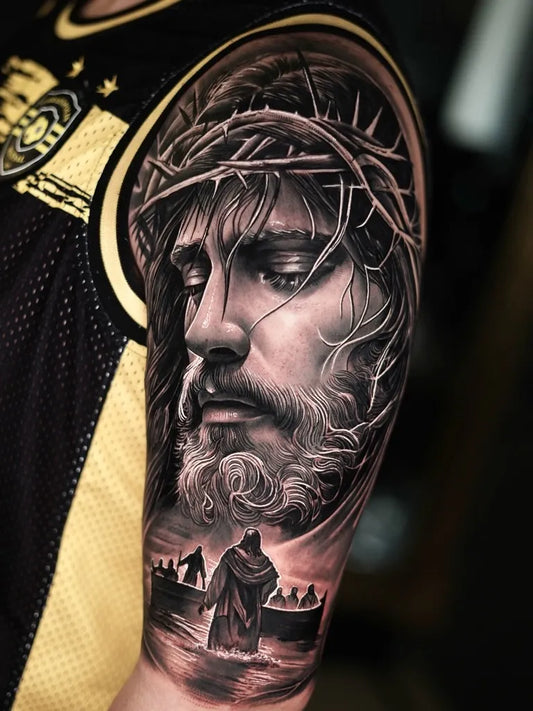 Big Black and Grey Jesus with Crown of Thorns and Disciples Tattoo on Men Arm by @gabrielsouza.tattoo
