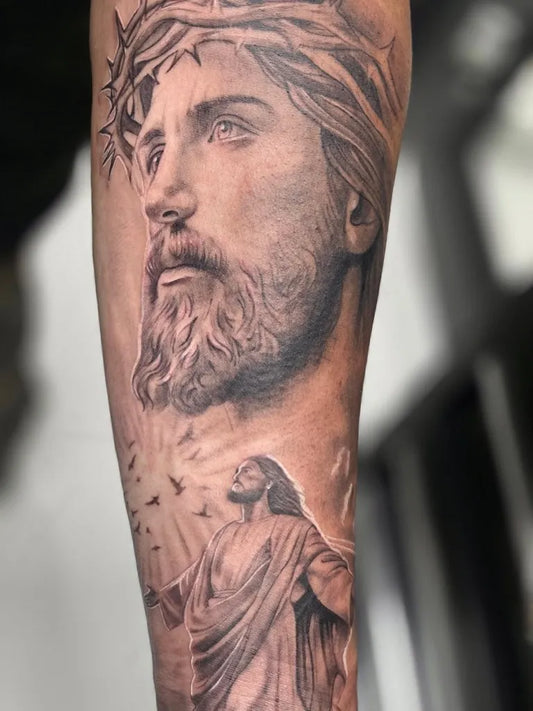 Big Black and Grey Jesus with Crown of Thorns and Doves Tattoo on Men Arm by @tattoo_tommywhite