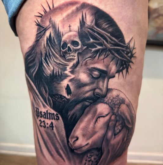 Big Black and Grey Jesus with Sheep and Skull Tattoo on Men Thigh by @art_by_brbz