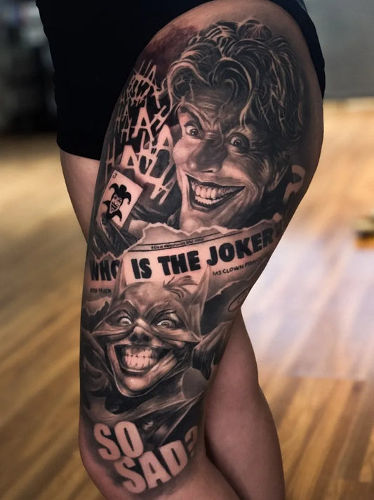 Big Black and Grey Joker Cards on Women Thigh Tattoo by @viniarttattoo