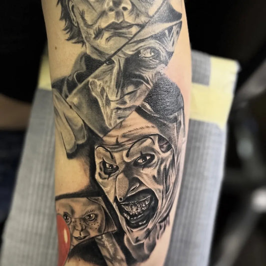 Big Black and Grey Joker Horror Tattoo on Men Arm by @arci_teck