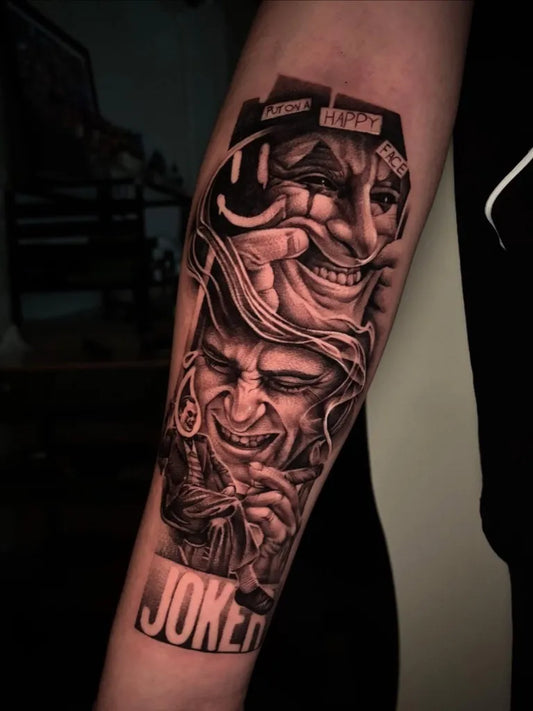 Big Black and Grey Joker Mask on Men Arm Tattoo by @shoho_han