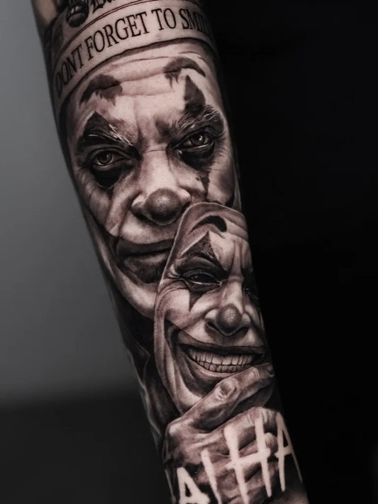 Big Black and Grey Joker Portrait on Men Arm Tattoo by @jeka_s_tattoo