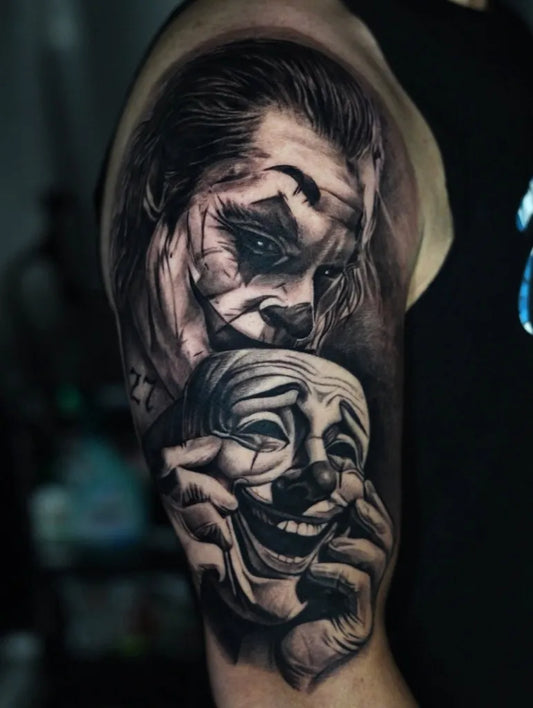 Big Black and Grey Joker and Comedy Tragedy Masks on Men Arm Tattoo by @mederinktattoo_