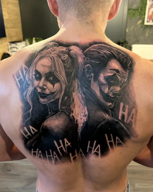Big Black and Grey Joker and Harley Quinn on Men Back Tattoo by @unclechronistattoo