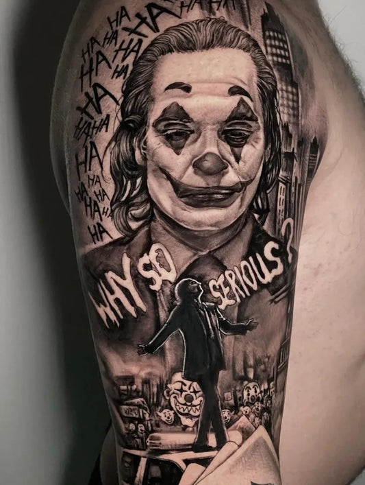 Big Black and Grey Joker on Men Arm Tattoo by @franciscorbacho