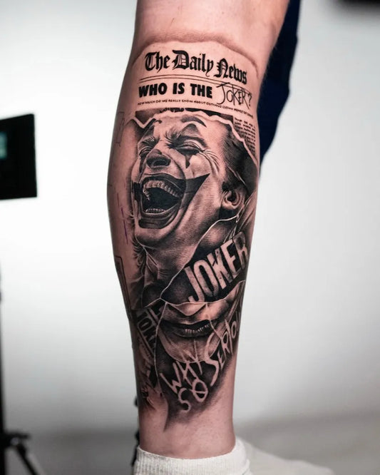 Big Black and Grey Joker on Men Leg Tattoo by @thommietattoo