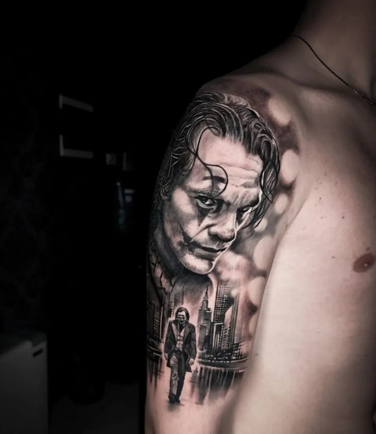 Big Black and Grey Joker on Men Shoulder Tattoo by @gianluca.pavan