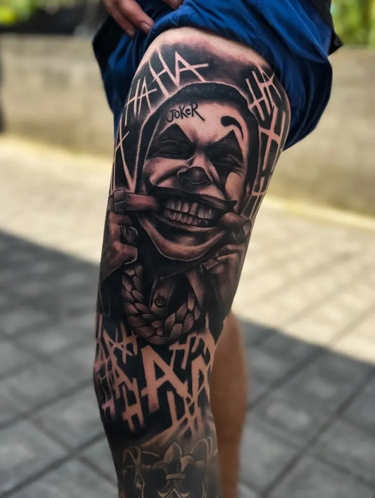 Big Black and Grey Joker on Men Thigh Tattoo by @vicky_inkjected
