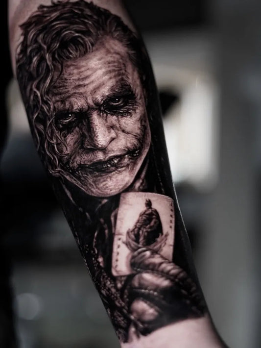 Big Black and Grey Joker with Ace Card on Men Arm Tattoo by @ink.shadow