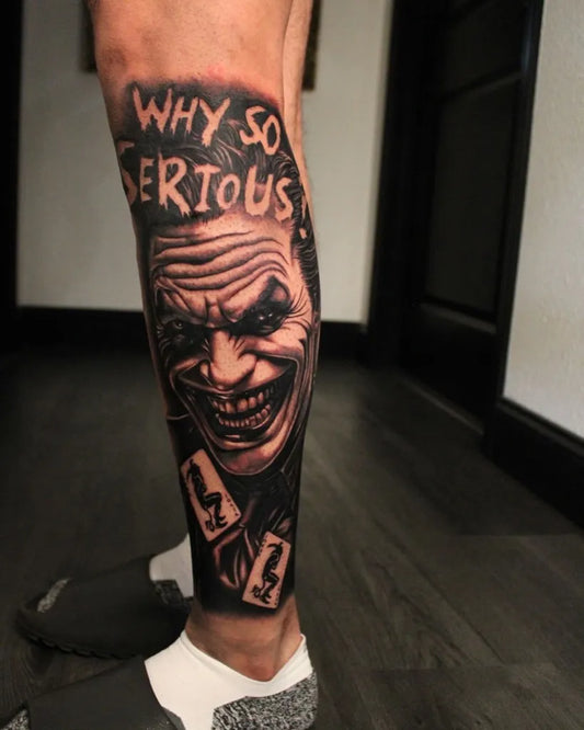 Big Black and Grey Joker with Cards on Men Leg Tattoo by @reezytats