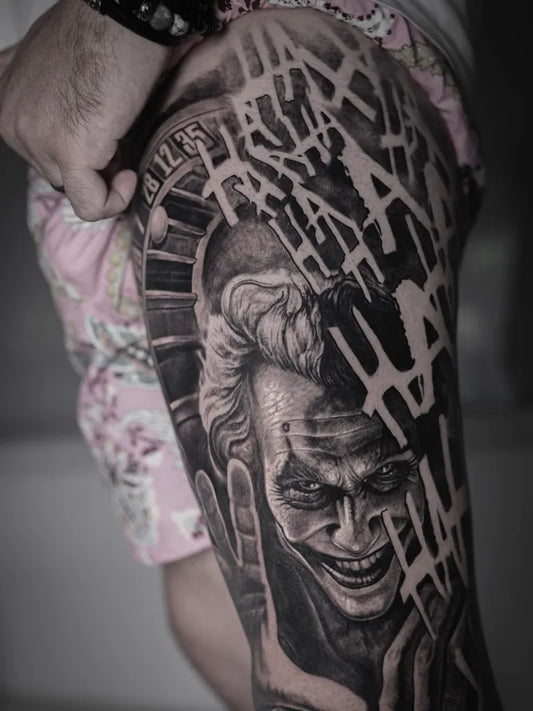 Big Black and Grey Joker with Clock and Chains on Men Thigh Tattoo by @samadhi.tattoo.bali