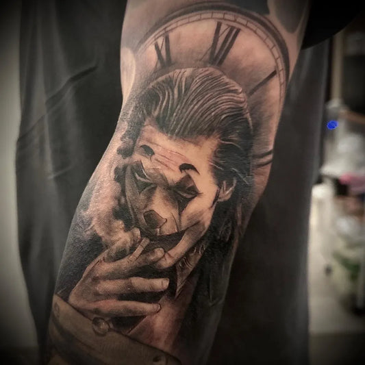 Big Black and Grey Joker with Clock on Men Arm Tattoo by @orion1647