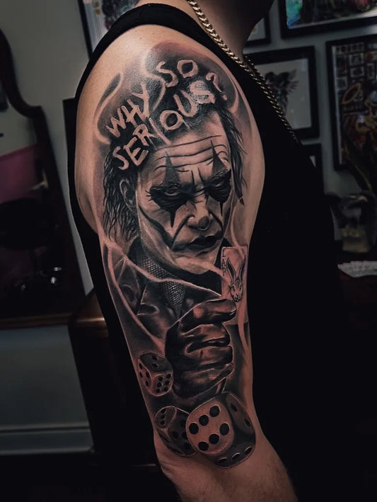 Big Black and Grey Joker with Dice on Men Arm Tattoo by @maxkrumbstattoos