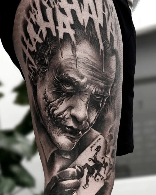 Big Black and Grey Joker with Playing Card on Men Thigh Tattoo by @ondotattoo