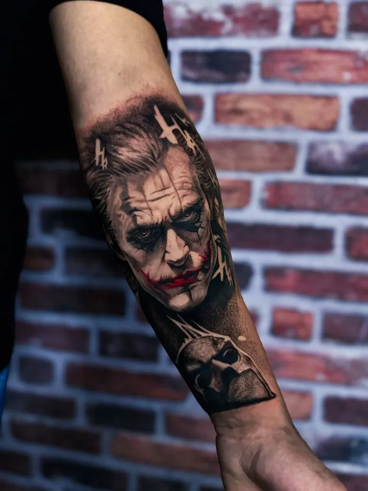 Big Black and Grey Joker with Skull and Pentagrams on Men Arm Tattoo by @arminius.art