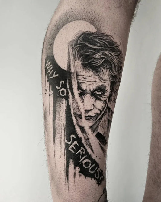 Big Black and Grey Joker with Why So Serious quote on Men Leg Tattoo by @roni_kostadina