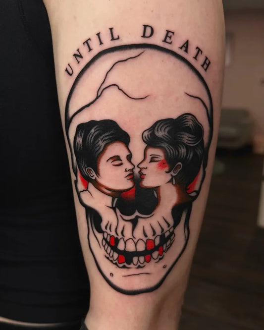 Big Black and Grey Kissing Lovers Skulls on Men Arm Tattoo by @donnajeantattoo