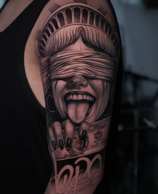 Big Black and Grey Lady Justice with Dollar Bills and 2020 Tattoo on Women Arm by @santatattooer