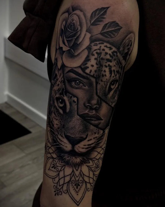 Big Black and Grey Leopard Face Rose Mandala Tattoo on Women Upper Arm by @tattoosbykieran.tbk