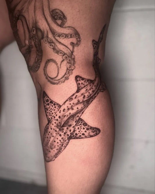Big Black and Grey Leopard Shark and Octopus on Women Thigh Tattoo by @val.tats