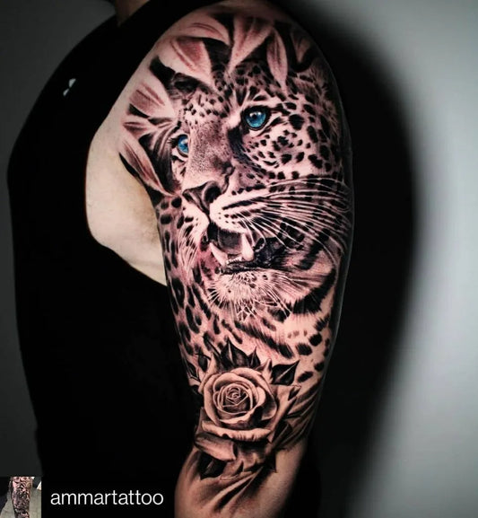 Big Black and Grey Leopard and Rose Animal Tattoo on Men Arm by @yayofamilia