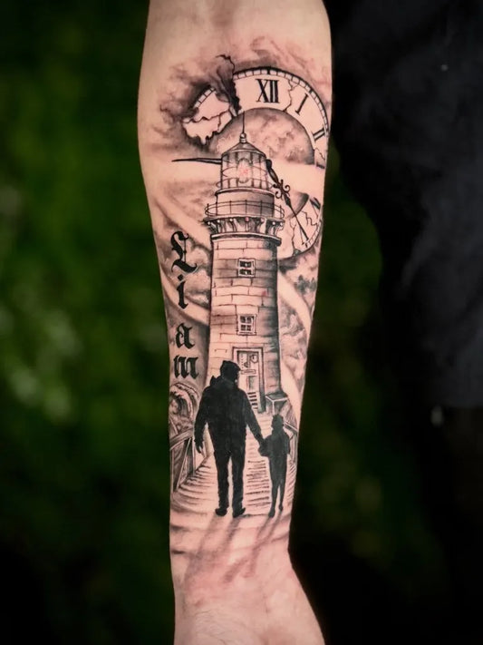 Big Black and Grey Lighthouse Clock Father Child Tattoo on Men Arm by @tony.thomson.tattoo