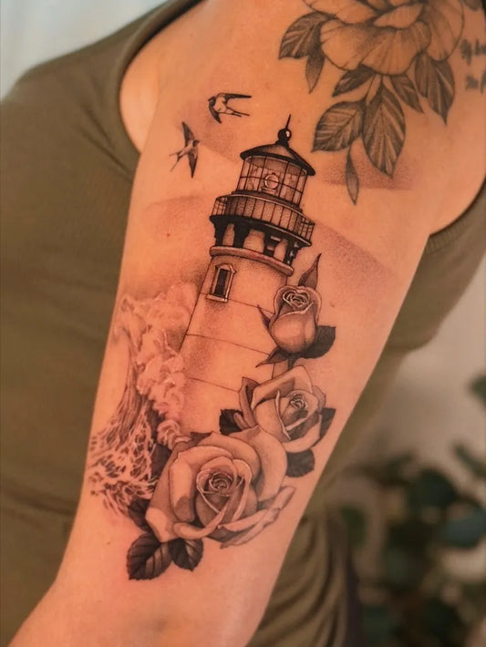 Big Black and Grey Lighthouse Roses and Birds Tattoo on Women Arm by @kristinevodon