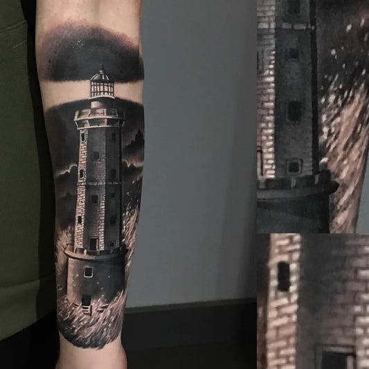 Big Black and Grey Lighthouse Tattoo on Men Arm by @adamblakeytattoos
