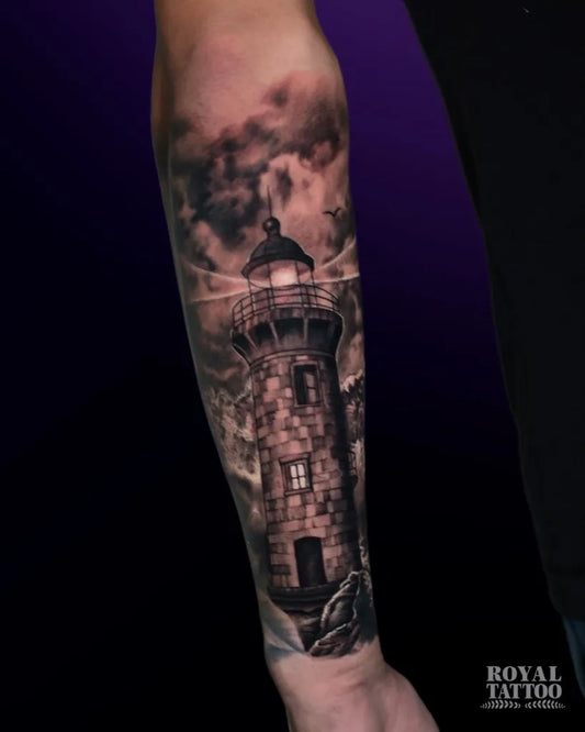 Big Black and Grey Lighthouse Tattoo on Men Arm by @royaltattooyyc