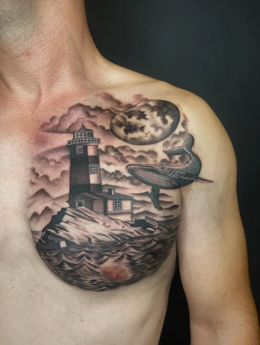 Big Black and Grey Lighthouse Whale Moon Tattoo on Men Shoulder by @tattooistersin