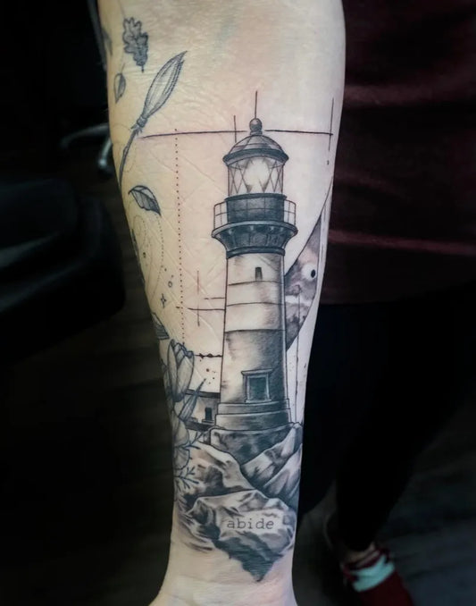 Big Black and Grey Lighthouse with Geometric Elements Tattoo on Men Arm by @tatcaviar