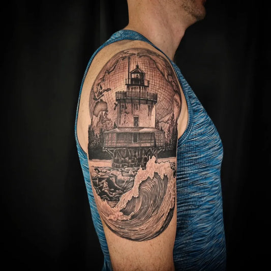 Big Black and Grey Lighthouse with Waves Tattoo on Men Shoulder by @rusuperfly