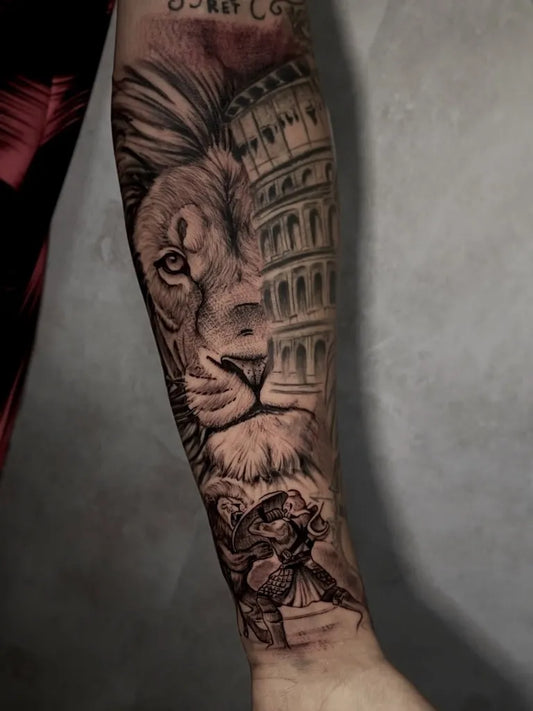 Big Black and Grey Lion Colosseum Gladiator on Men Arm Tattoo by @marquez.inkart