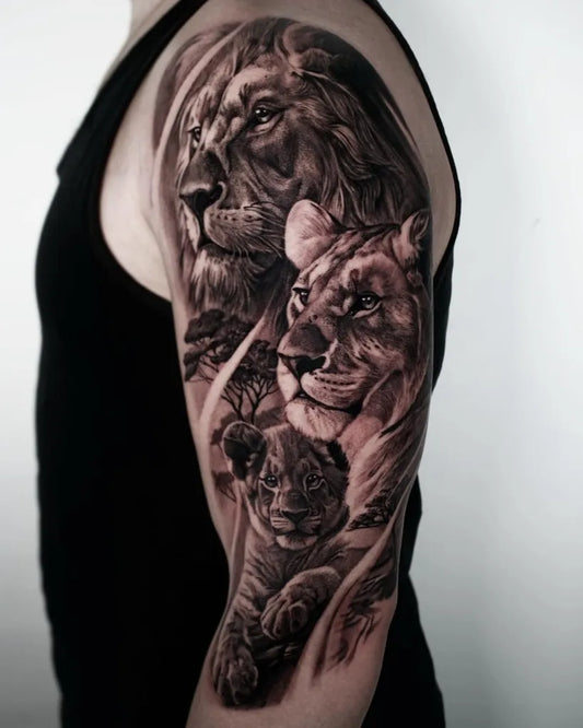 Big Black and Grey Lion Family on Men Arm Tattoo by @doscoronastattoo