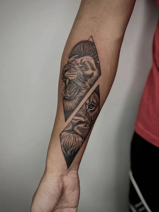 Big Black and Grey Lion Geometric Split on Men Arm Tattoo by @slay_tattoosco